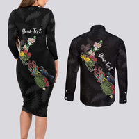 Kia Ora New Zealand Floral Personalized Couples Matching Long Sleeve Bodycon Dress and Long Sleeve Button Shirt Black - Polynesian Pride