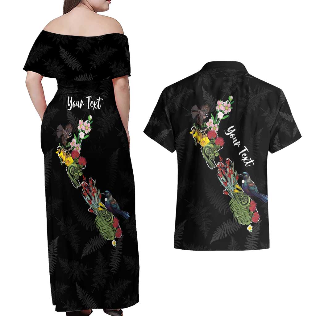 Kia Ora New Zealand Floral Personalized Couples Matching Off Shoulder Maxi Dress and Hawaiian Shirt Black - Polynesian Pride