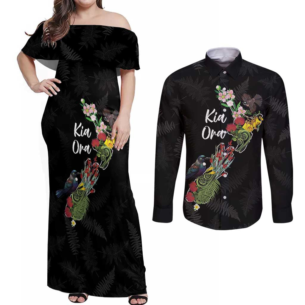 Kia Ora New Zealand Floral Personalized Couples Matching Off Shoulder Maxi Dress and Long Sleeve Button Shirt Black - Polynesian Pride