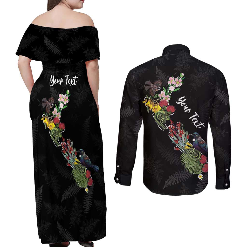 Kia Ora New Zealand Floral Personalized Couples Matching Off Shoulder Maxi Dress and Long Sleeve Button Shirt Black - Polynesian Pride