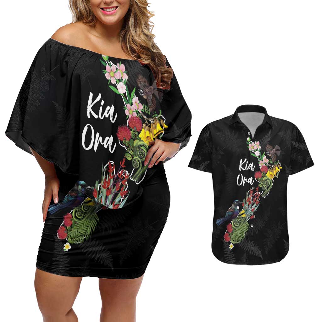 Kia Ora New Zealand Floral Personalized Couples Matching Off Shoulder Short Dress and Hawaiian Shirt Black - Polynesian Pride