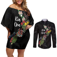 Kia Ora New Zealand Floral Personalized Couples Matching Off Shoulder Short Dress and Long Sleeve Button Shirt Black - Polynesian Pride