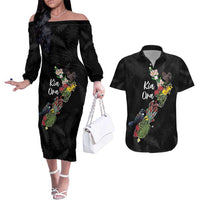 Kia Ora New Zealand Floral Personalized Couples Matching Off The Shoulder Long Sleeve Dress and Hawaiian Shirt Black - Polynesian Pride