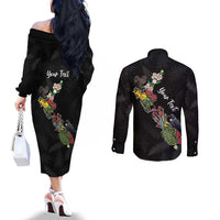 Kia Ora New Zealand Floral Personalized Couples Matching Off The Shoulder Long Sleeve Dress and Long Sleeve Button Shirt Black - Polynesian Pride