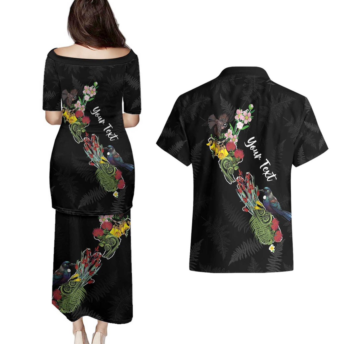 Kia Ora New Zealand Floral Personalized Couples Matching Puletasi and Hawaiian Shirt Black - Polynesian Pride