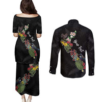 Kia Ora New Zealand Floral Personalized Couples Matching Puletasi and Long Sleeve Button Shirt Black - Polynesian Pride