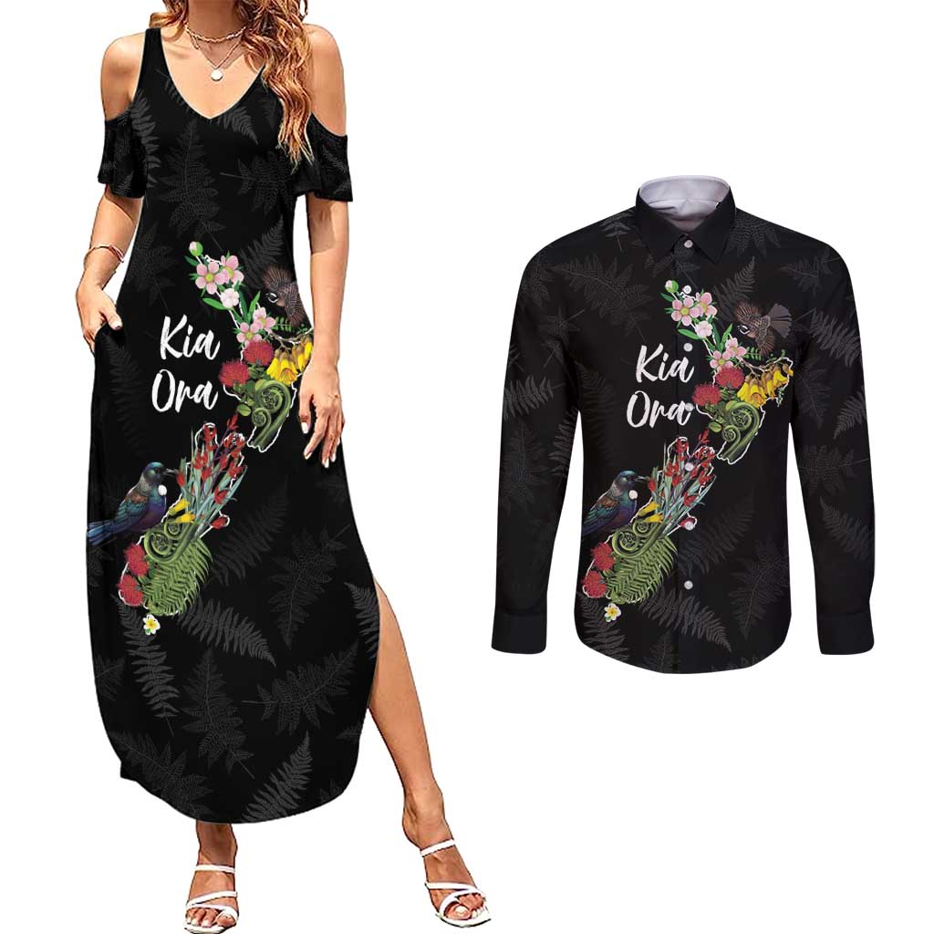 Kia Ora New Zealand Floral Personalized Couples Matching Summer Maxi Dress and Long Sleeve Button Shirt Black - Polynesian Pride