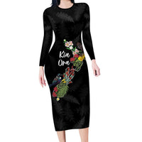 Kia Ora New Zealand Floral Personalized Family Matching Long Sleeve Bodycon Dress and Hawaiian Shirt Black - Polynesian Pride