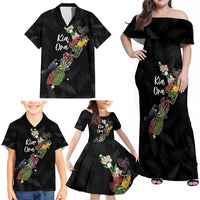 Kia Ora New Zealand Floral Personalized Family Matching Off Shoulder Maxi Dress and Hawaiian Shirt Black - Polynesian Pride