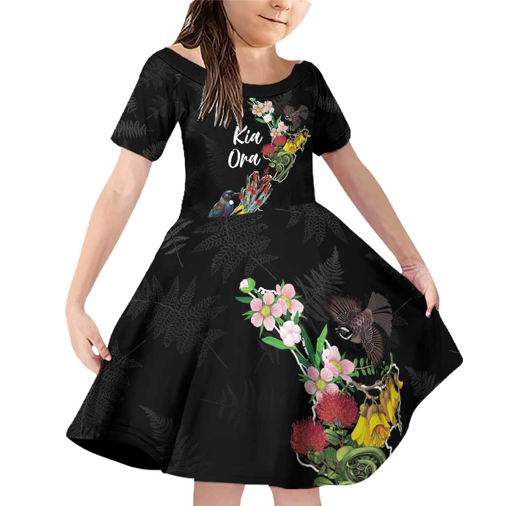 Kia Ora New Zealand Floral Personalized Family Matching Off Shoulder Short Dress and Hawaiian Shirt Black - Polynesian Pride