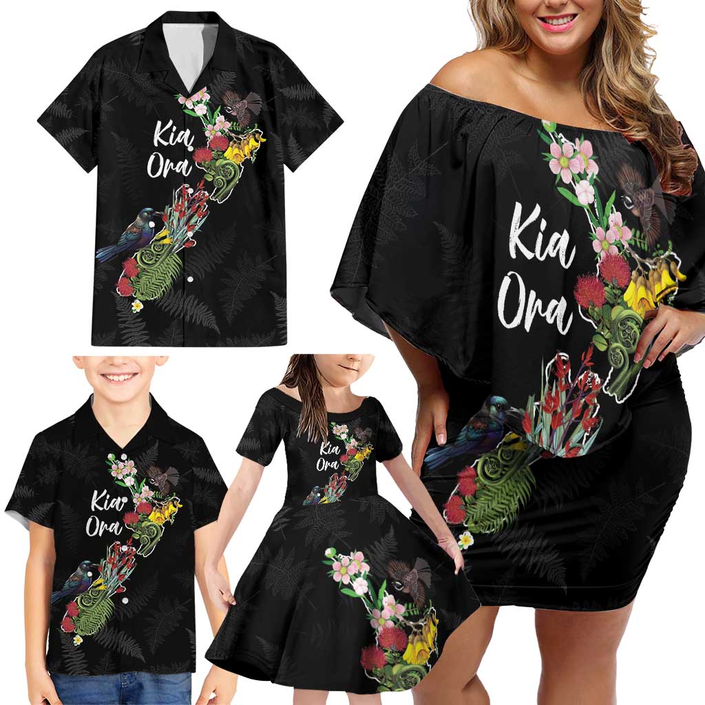 Kia Ora New Zealand Floral Personalized Family Matching Off Shoulder Short Dress and Hawaiian Shirt Black - Polynesian Pride