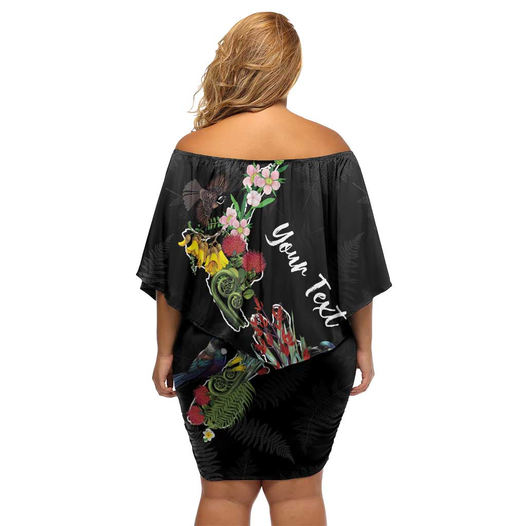 Kia Ora New Zealand Floral Personalized Family Matching Off Shoulder Short Dress and Hawaiian Shirt Black - Polynesian Pride