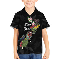 Kia Ora New Zealand Floral Personalized Family Matching Off Shoulder Short Dress and Hawaiian Shirt Black - Polynesian Pride