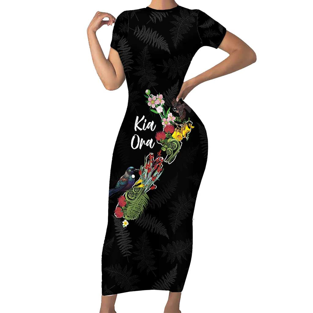 Kia Ora New Zealand Floral Personalized Family Matching Short Sleeve Bodycon Dress and Hawaiian Shirt Black - Polynesian Pride