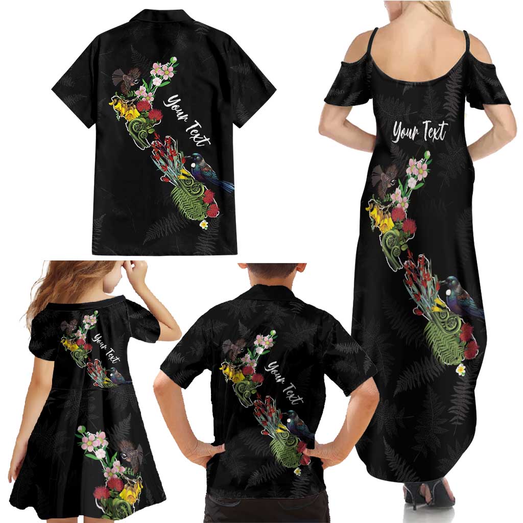 Kia Ora New Zealand Floral Personalized Family Matching Summer Maxi Dress and Hawaiian Shirt Black - Polynesian Pride