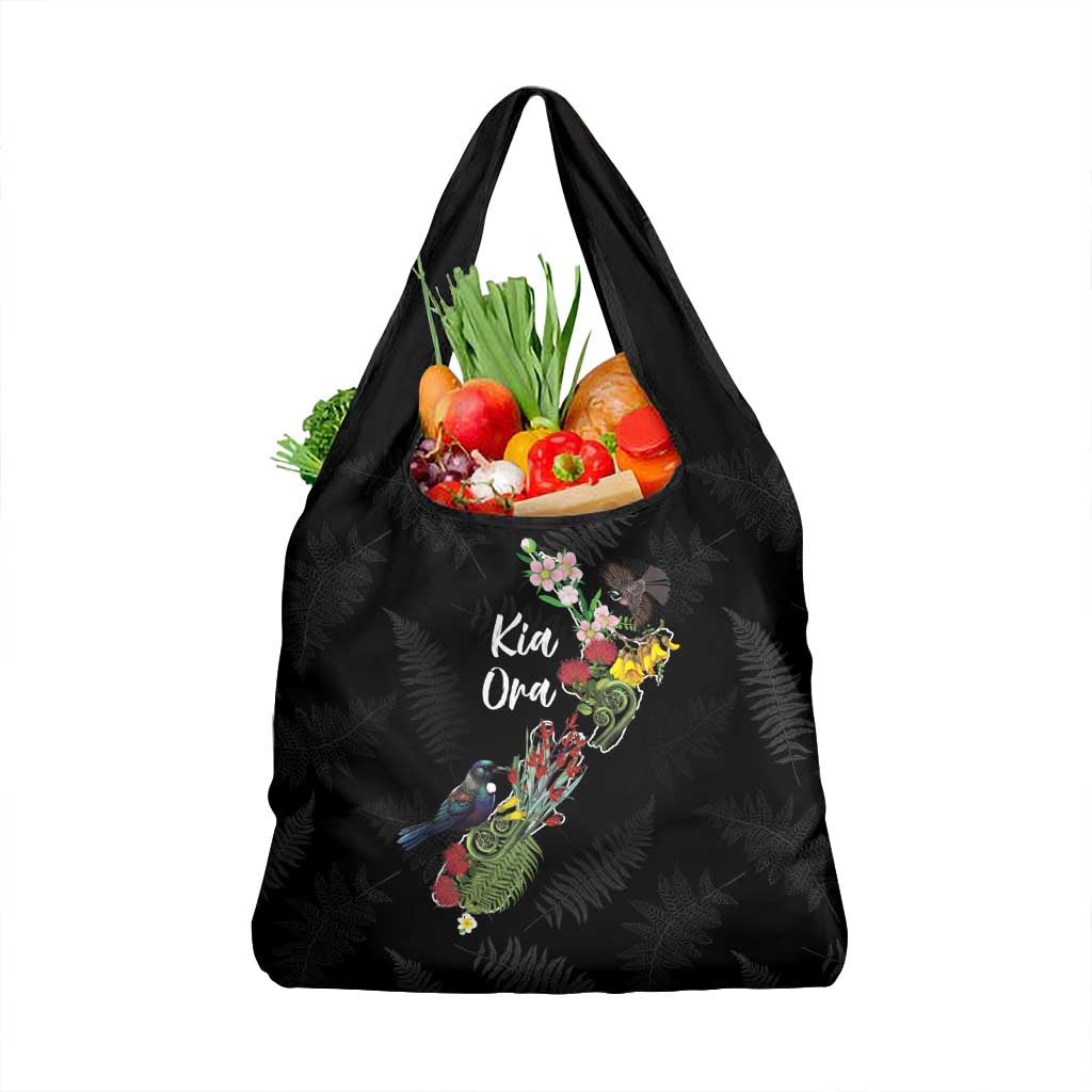 Kia Ora New Zealand Floral Grocery Bag Black - Polynesian Pride
