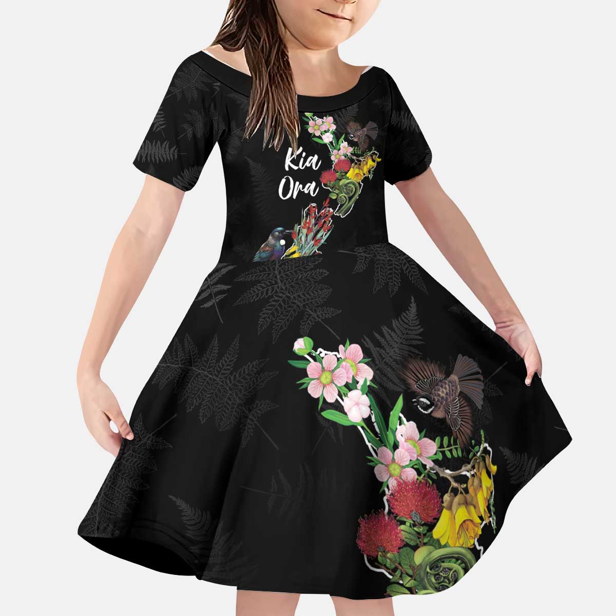 Kia Ora New Zealand Floral Personalized Kid Short Sleeve Dress Black - Polynesian Pride