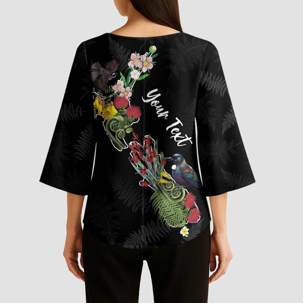 Kia Ora New Zealand Floral Personalized Kimono Sleeve Blouse Black - Polynesian Pride