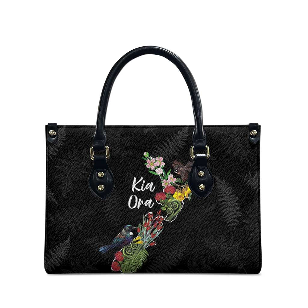 Kia Ora New Zealand Floral Leather Bag Black - Polynesian Pride