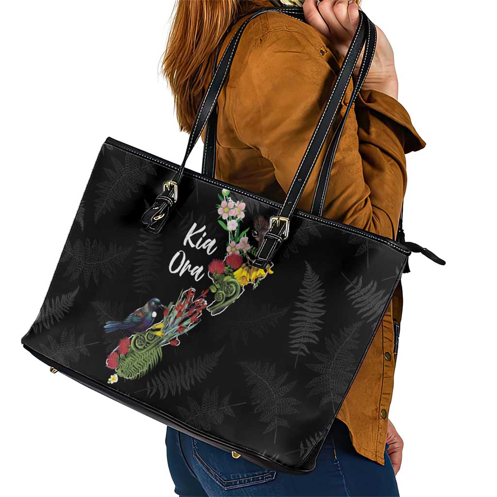 Kia Ora New Zealand Floral Leather Tote Bag Black - Polynesian Pride
