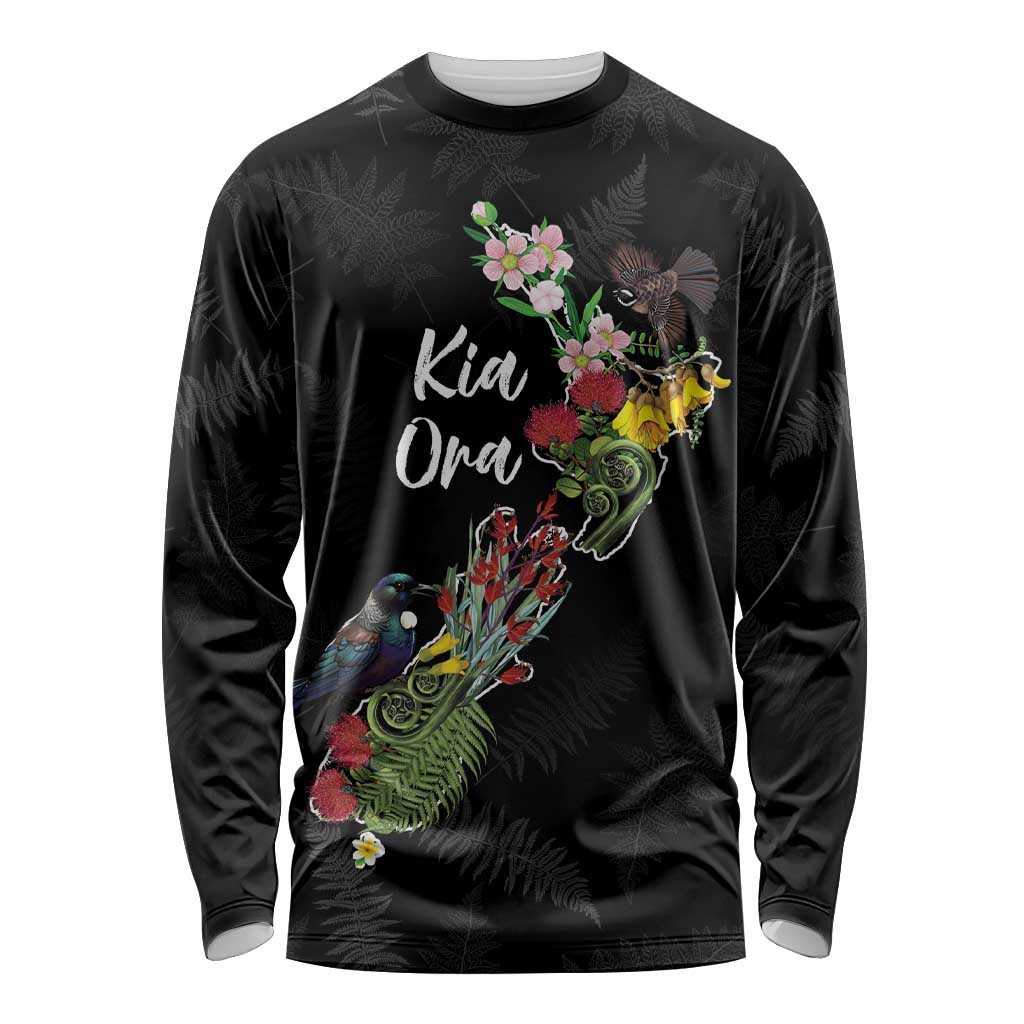 Kia Ora New Zealand Floral Personalized Long Sleeve Shirt Black - Polynesian Pride