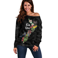 Kia Ora New Zealand Floral Personalized Off Shoulder Sweater Black - Polynesian Pride