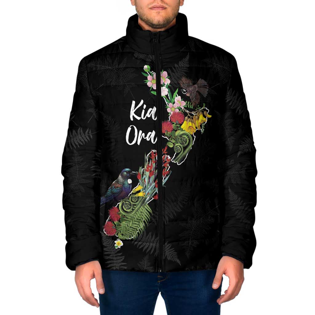 Kia Ora New Zealand Floral Personalized Padded Jacket Black - Polynesian Pride