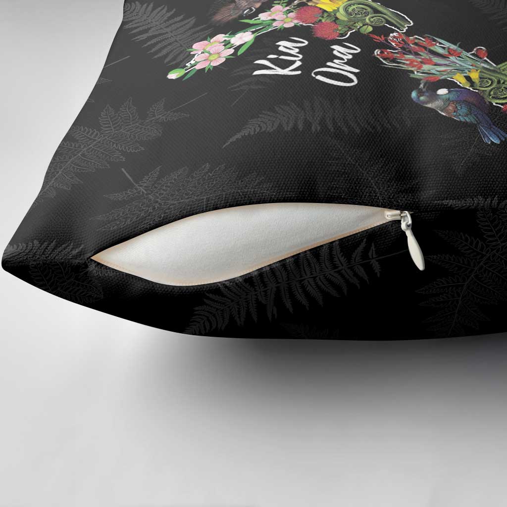 Kia Ora New Zealand Floral Pillow Cover Black - Polynesian Pride