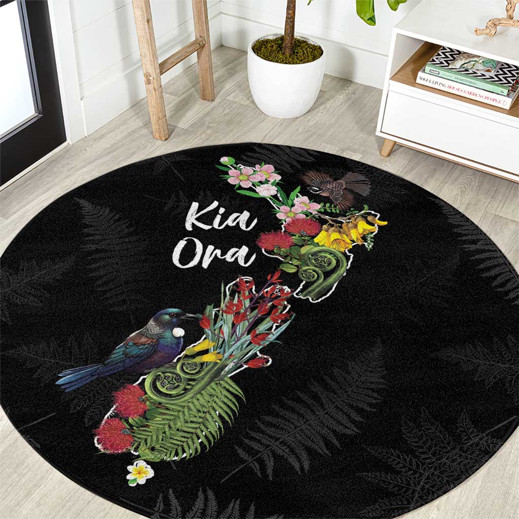 Kia Ora New Zealand Floral Round Carpet Black - Polynesian Pride