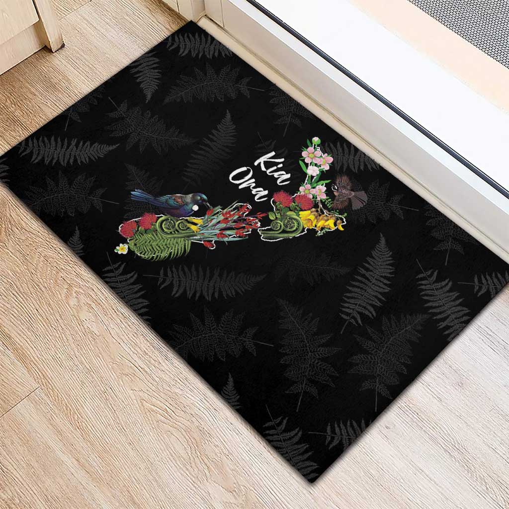 Kia Ora New Zealand Floral Rubber Doormat Black - Polynesian Pride