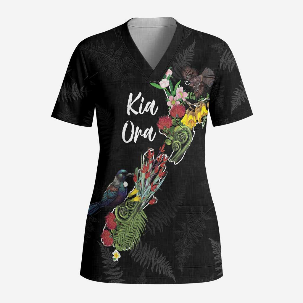 Kia Ora New Zealand Floral Personalized Scrub Top Black - Polynesian Pride