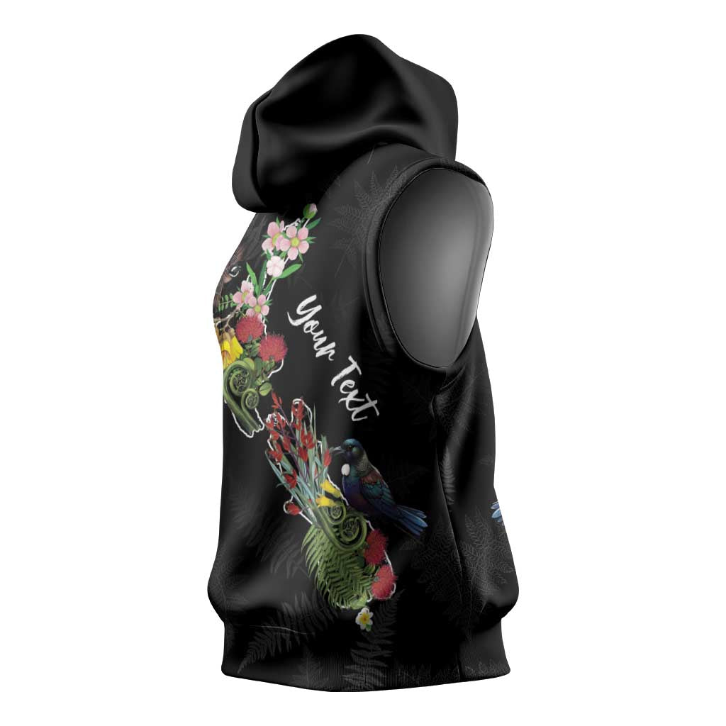 Kia Ora New Zealand Floral Personalized Sleeveless Hoodie Black - Polynesian Pride