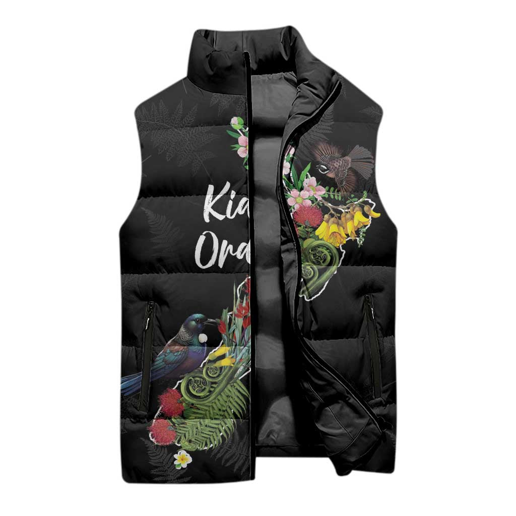 Kia Ora New Zealand Floral Personalized Sleeveless Puffer Jacket Black - Polynesian Pride