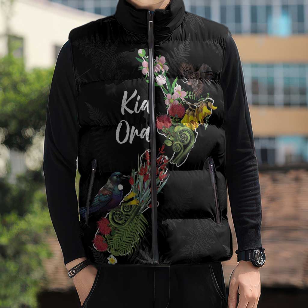 Kia Ora New Zealand Floral Personalized Sleeveless Puffer Jacket Black - Polynesian Pride