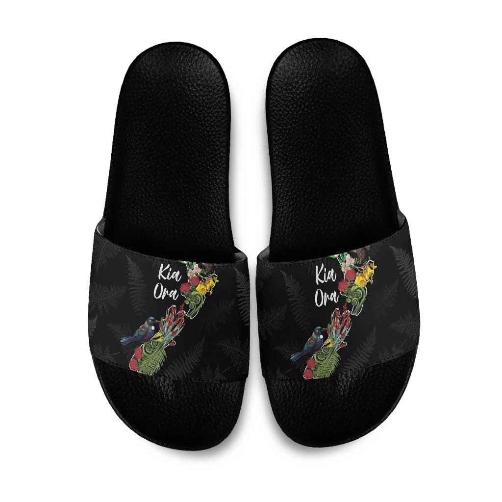 Kia Ora New Zealand Floral Slide Sandals Black - Polynesian Pride