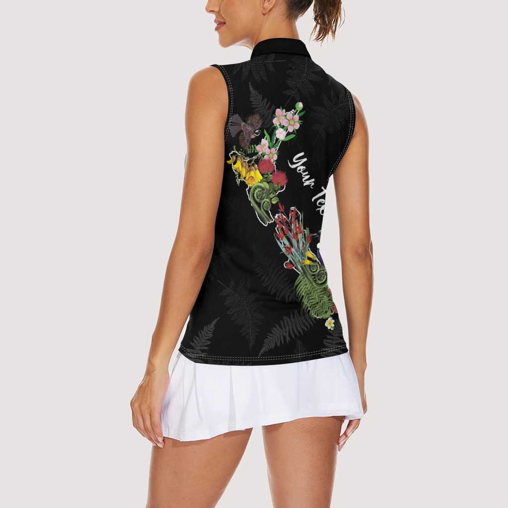 Kia Ora New Zealand Floral Personalized Women Sleeveless Polo Shirt Black - Polynesian Pride