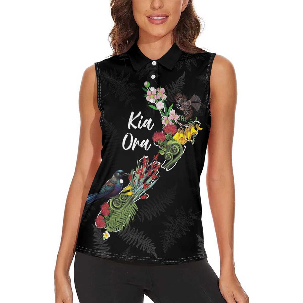 Kia Ora New Zealand Floral Personalized Women Sleeveless Polo Shirt Black - Polynesian Pride