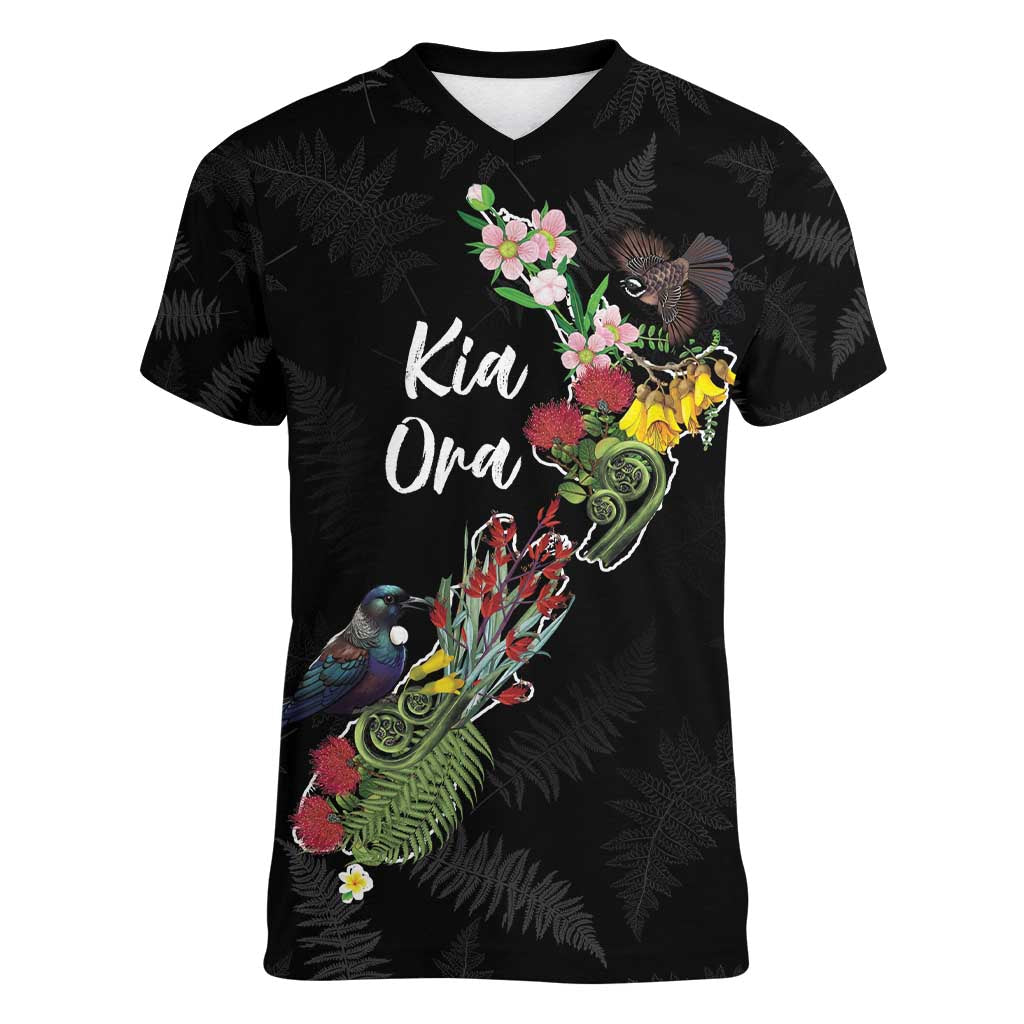 Kia Ora New Zealand Floral Personalized Women V-Neck T-Shirt Black - Polynesian Pride