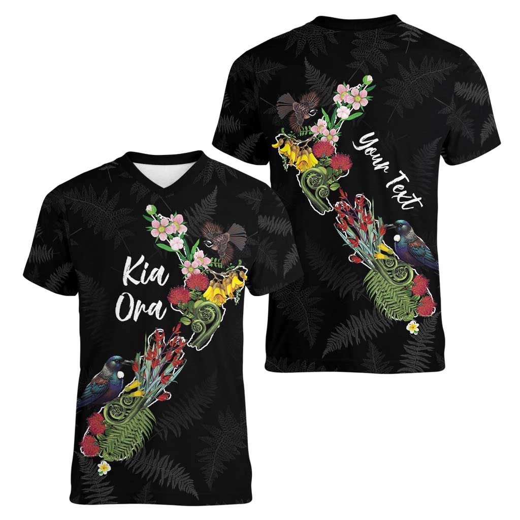 Kia Ora New Zealand Floral Personalized Women V-Neck T-Shirt Black - Polynesian Pride