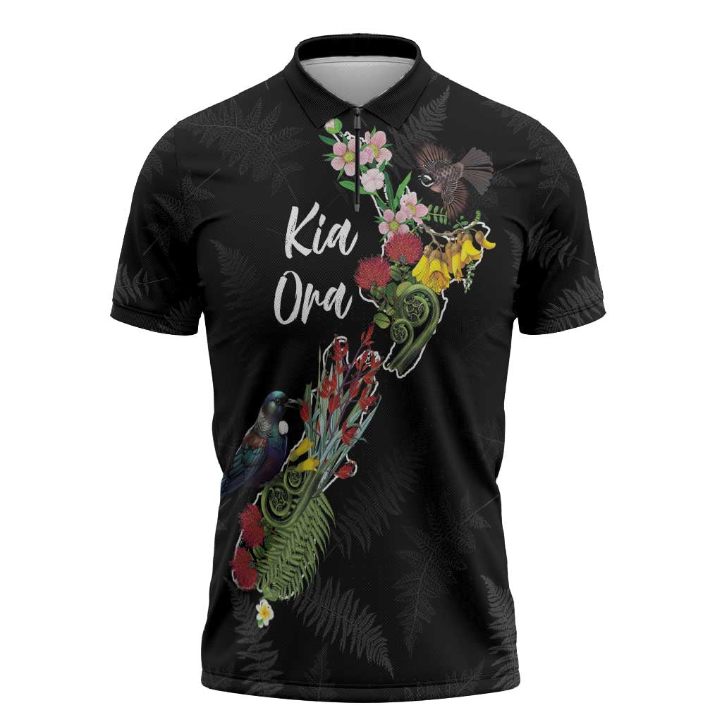 Kia Ora New Zealand Floral Personalized Zipper Polo Shirt Black - Polynesian Pride