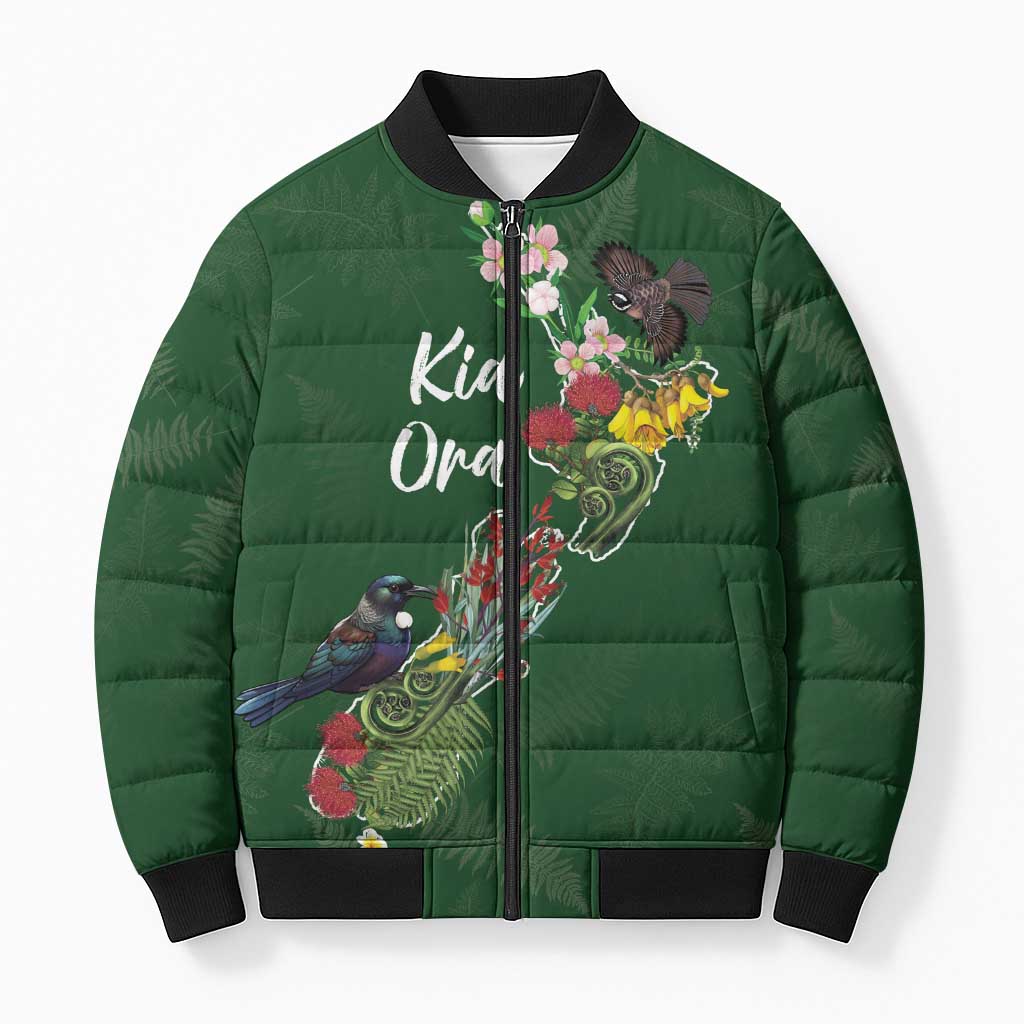 Kia Ora New Zealand Floral Personalized Bomber Puffer Jacket Sage Green - Polynesian Pride