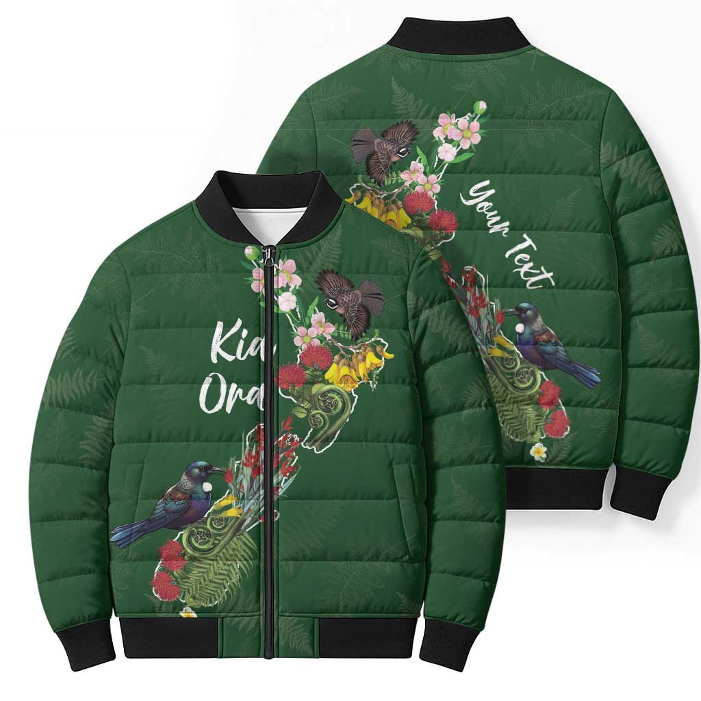 Kia Ora New Zealand Floral Personalized Bomber Puffer Jacket Sage Green - Polynesian Pride