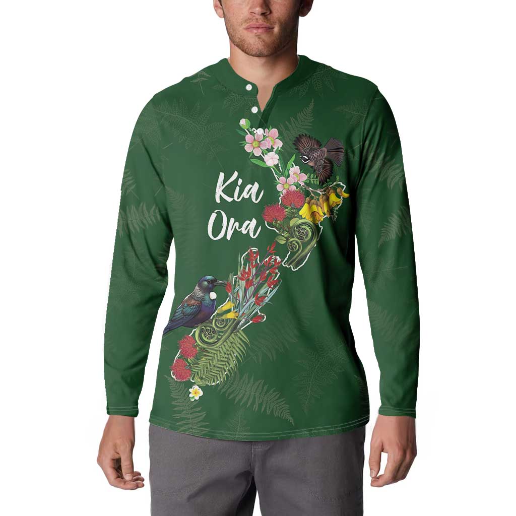 Kia Ora New Zealand Floral Personalized Button Sweatshirt Sage Green - Polynesian Pride