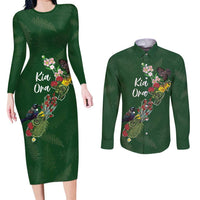 Kia Ora New Zealand Floral Personalized Couples Matching Long Sleeve Bodycon Dress and Long Sleeve Button Shirt Sage Green - Polynesian Pride