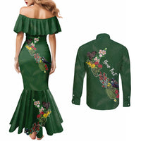 Kia Ora New Zealand Floral Personalized Couples Matching Mermaid Dress and Long Sleeve Button Shirt Sage Green - Polynesian Pride