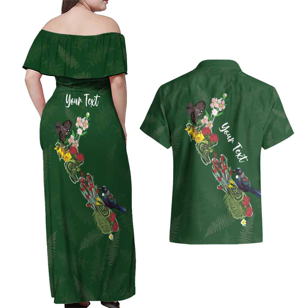 Kia Ora New Zealand Floral Personalized Couples Matching Off Shoulder Maxi Dress and Hawaiian Shirt Sage Green - Polynesian Pride