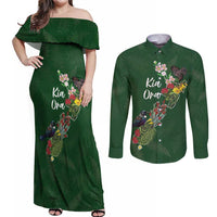 Kia Ora New Zealand Floral Personalized Couples Matching Off Shoulder Maxi Dress and Long Sleeve Button Shirt Sage Green - Polynesian Pride