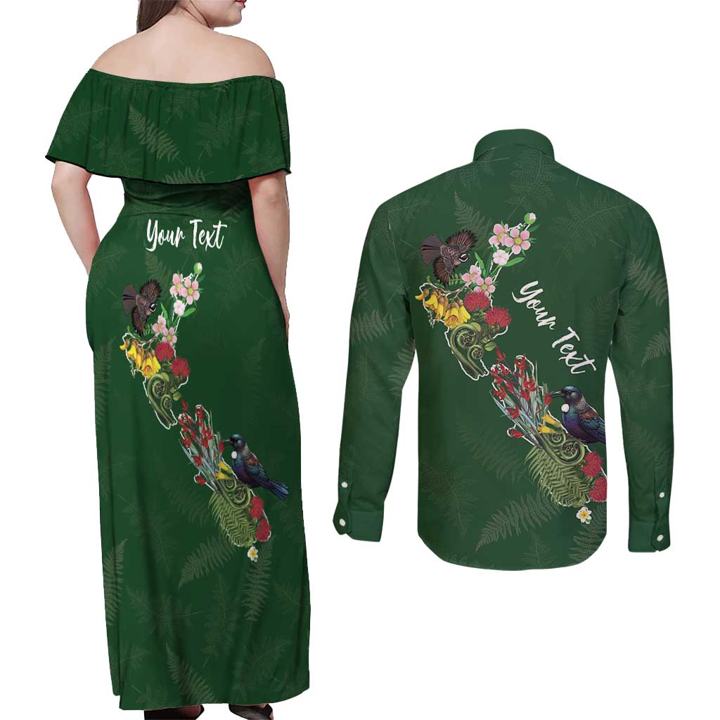 Kia Ora New Zealand Floral Personalized Couples Matching Off Shoulder Maxi Dress and Long Sleeve Button Shirt Sage Green - Polynesian Pride