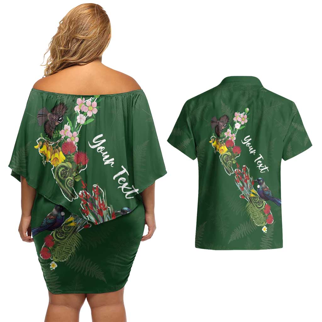 Kia Ora New Zealand Floral Personalized Couples Matching Off Shoulder Short Dress and Hawaiian Shirt Sage Green - Polynesian Pride