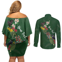 Kia Ora New Zealand Floral Personalized Couples Matching Off Shoulder Short Dress and Long Sleeve Button Shirt Sage Green - Polynesian Pride